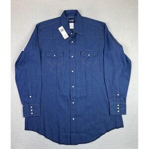 Wrangler Shirt Mens 18.5 38 Tall Blue Denim Western Pearl Snap Rodeo NEW
